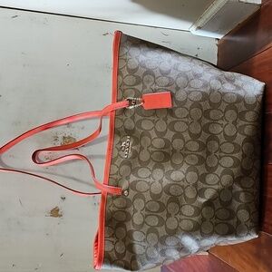 Coach Tan and Red Signature Tote Bag